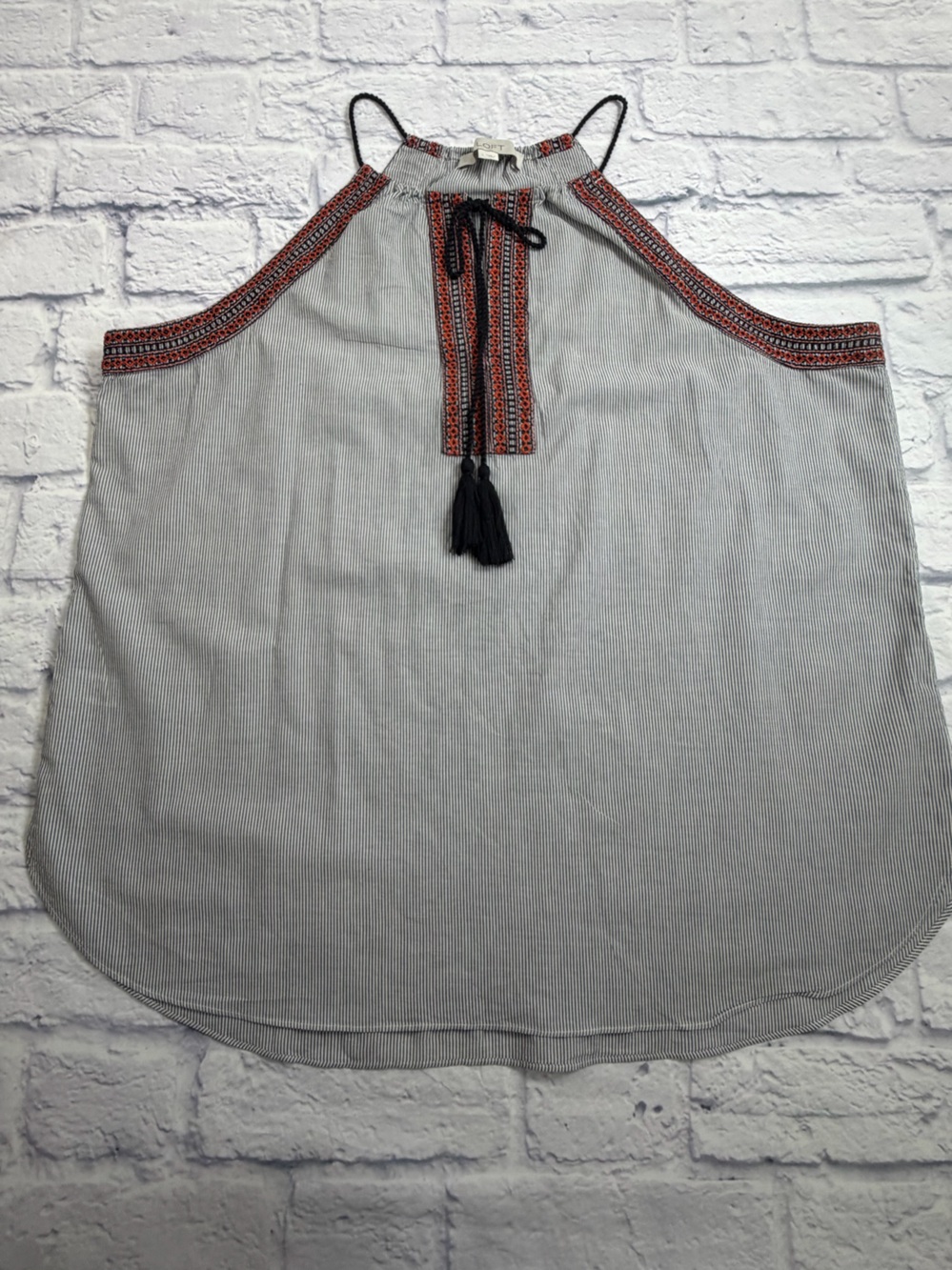 LOFT Light Gray Pinstripe Halter Tank w/Red & Black Embroidery. Size L. Layering